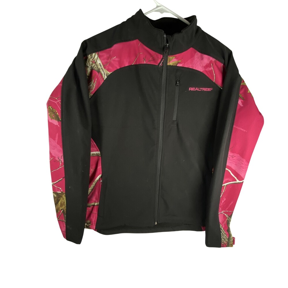 Realtree Jacket Womens Large Black Pink Camo Softshell Full Zip Pockets Outdoor